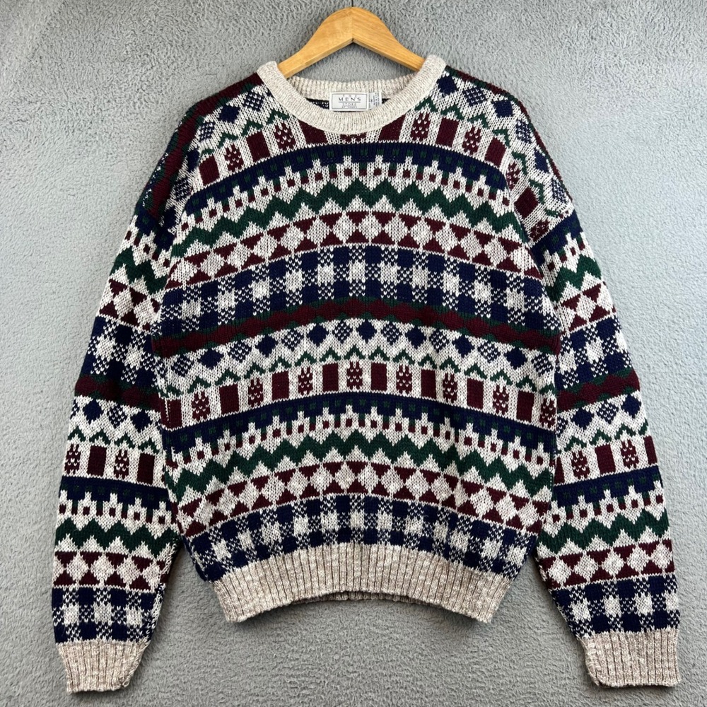 Vintage Mens Store Sears Fair Isle Sweater Multi Color Geometric Knit M